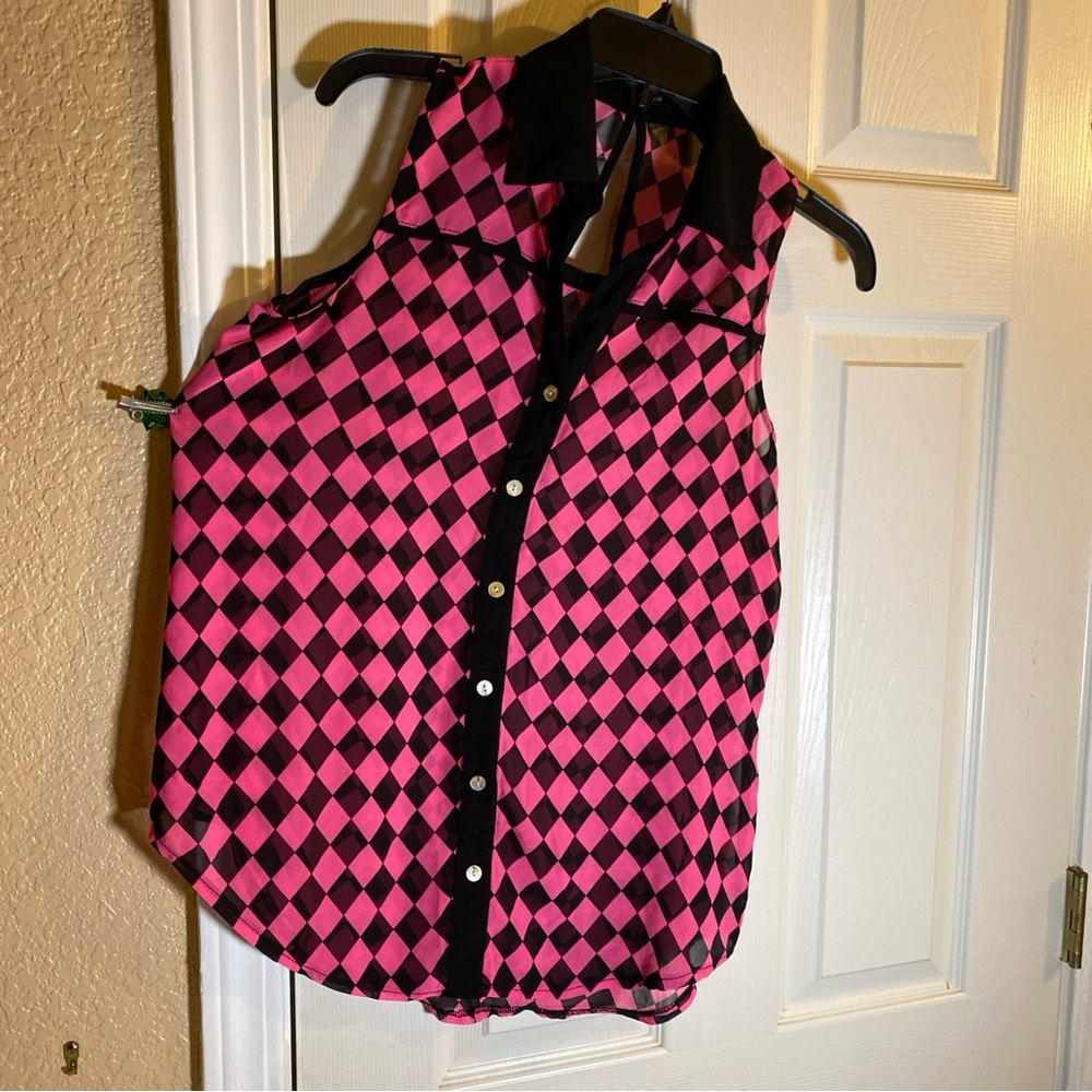 Feline Women (Unknown Sz) Button Down Shirt Top Blouse Sleeveless Sheer Checks